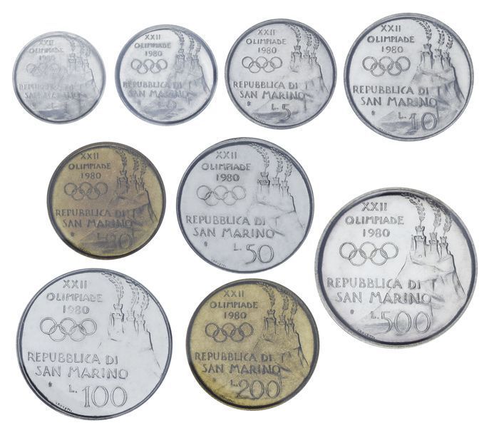 Набір монет Сан-Марино набір з 9 монет 1980 UNC 1, 2, 5, 10, 20, 50, 100, 200, 500 лір (срібло) М04376 фото