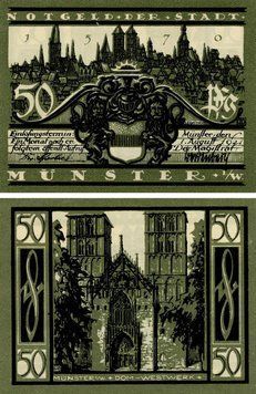 Banknote Germany Notgeld 50 pfennig 1921 F-VF Munster Variety 2