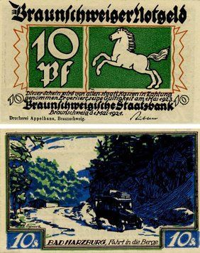 Banknote Germany Notgeld 10 pfennig 1921 F-VF Braunschweig Variety 4