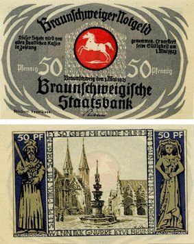 Banknote Germany Notgeld 50 pfennigs 1923 F-VF Braunschweig. Market in the old town