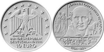 Німеччина 10 євро 2014 &laquo;Йоганн Готфрід Шадов&raquo; UNC (KM#329) М08656 фото
