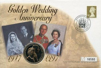 Монета Великобританія 5 фунтів 1997 UNC Золоте весілля Королеви і Принца Філіпа Сувенір (KM#977) М13707 фото