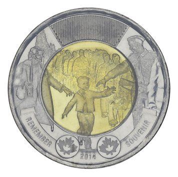 Монета Канада 2 долари 2014 &laquo;75 років з початку Другої Світової війни - Пам'ять&raquo; UNC (KM#1711) М03156 фото