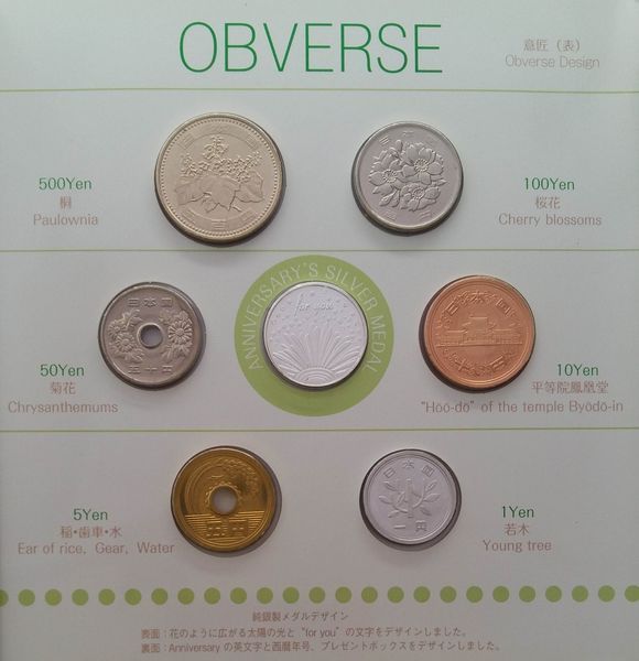 Coins set Japan set of 7 coins 2008 "Flowers" UNC 1, 5, 10, 50, 100, 500 yen, commemorative medal