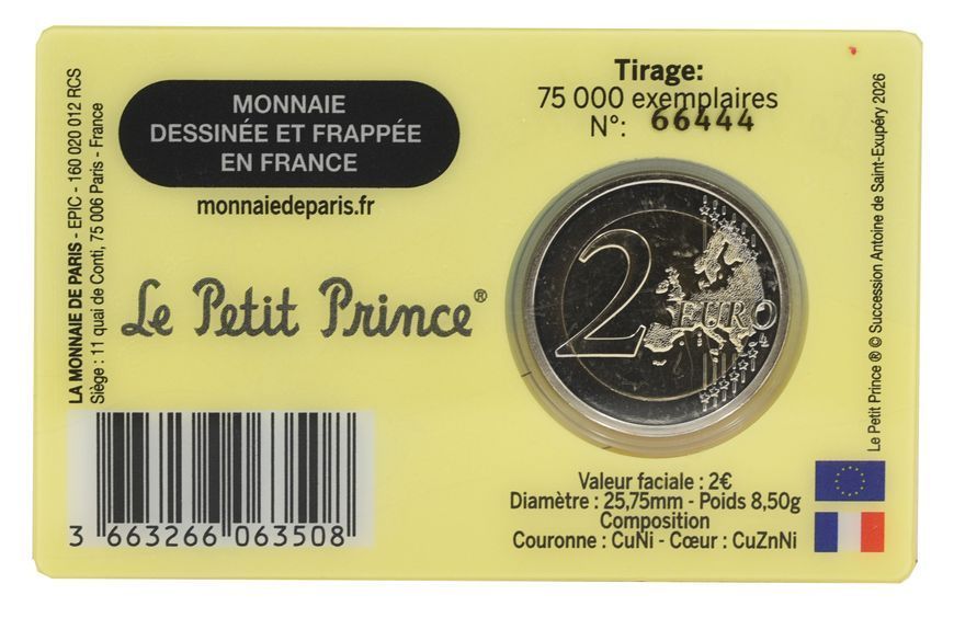 Coin France 2 euros 2026 Bimetal UNC The Little Prince - Running Prince in a souvenir package М24381 photo