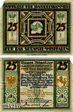 Banknote Germany Notgeld 25 pfennig 1920 F-VF Arnsberg