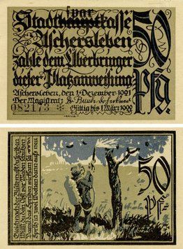 Banknote Germany Notgeld 50 pfennig 1921 F-VF Aschersleben Variety 2