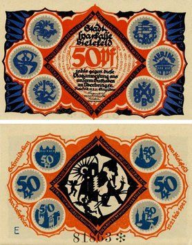 Banknote Germany Notgeld 50 pfennig 1921 F-VF Bielefeld Variety 2