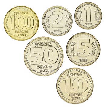 Югославія набір з 6 монет 1993 AU-UNC 1, 2, 5, 10, 50, 100 динарів М06459 фото