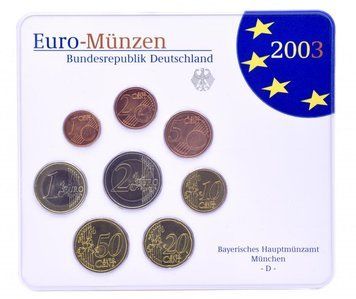 Набір монет Німеччина набір із 8 монет євро 2003 UNC D 1, 2, 5, 10, 20, 50 євроцентів, 1, 2 євро у сувенірній упаковці М14880 фото