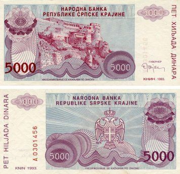 Banknote Croatia Serbian Krajina 5000 dinars 1993 VF-AU (PR20)