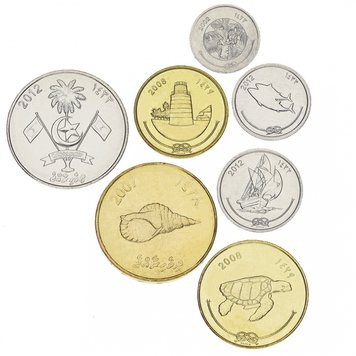 Maldives set of 7 coins 1984-2012 UNC 1, 5, 10, 25, 50 laari, 1, 2 rufiyaa