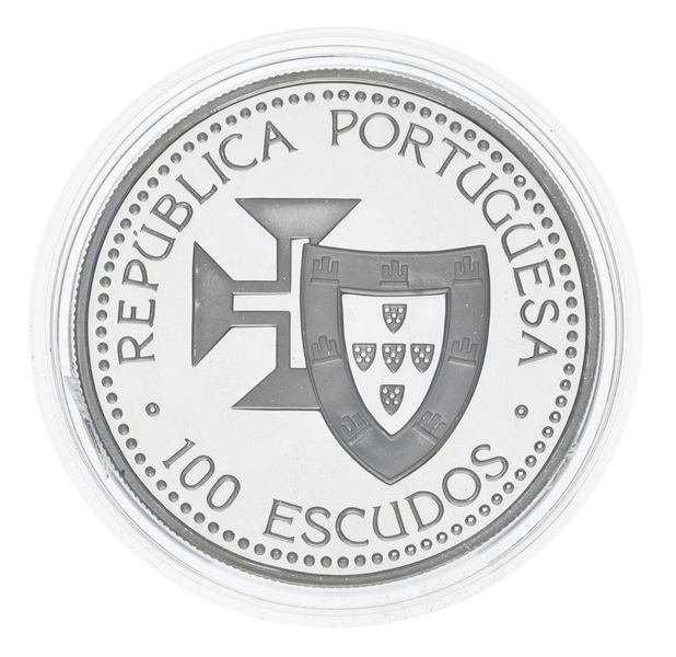 Coin Portugal 100 escudos 1989 Silver Proof Ship Sailboat Discovery of Madeira Islands (Ag 925, 21 grams)