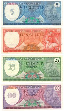 Суринам набір з 4 банкнот 1963-1985 UNC Вузькі Б04013 фото