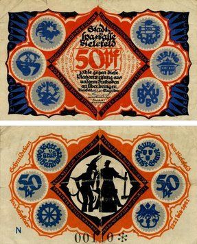 Banknote Germany Notgeld 50 pfennig 1921 F-VF Bielefeld Variety 3