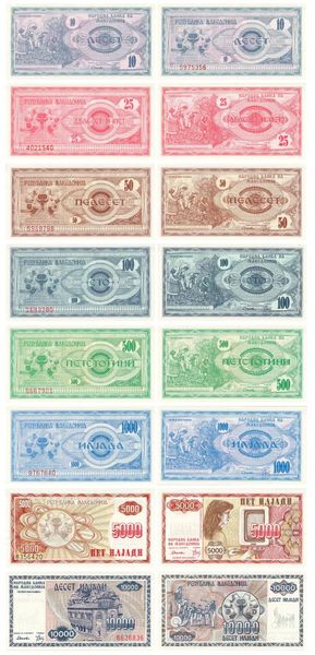 Macedonia set of 8 banknotes 1992 UNC 10, 25, 50, 100, 500, 1000, 5000, 10000 denars