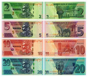 Banknotes set Zimbabwe set of 4 banknotes 2019-2020 UNC 2, 5, 10, 20 dollars
