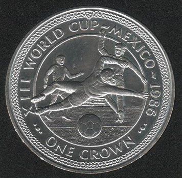Coin Isle of Man 1 crown 1986 UNC FIFA World Cup Mexico. Variety 4 (KM#161)