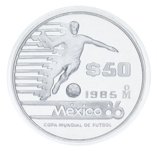 Coin Mexico 50 Pesos 1985 Silver Proof FIFA World Cup in Mexico 1986 &mdash; Footballer with Ball