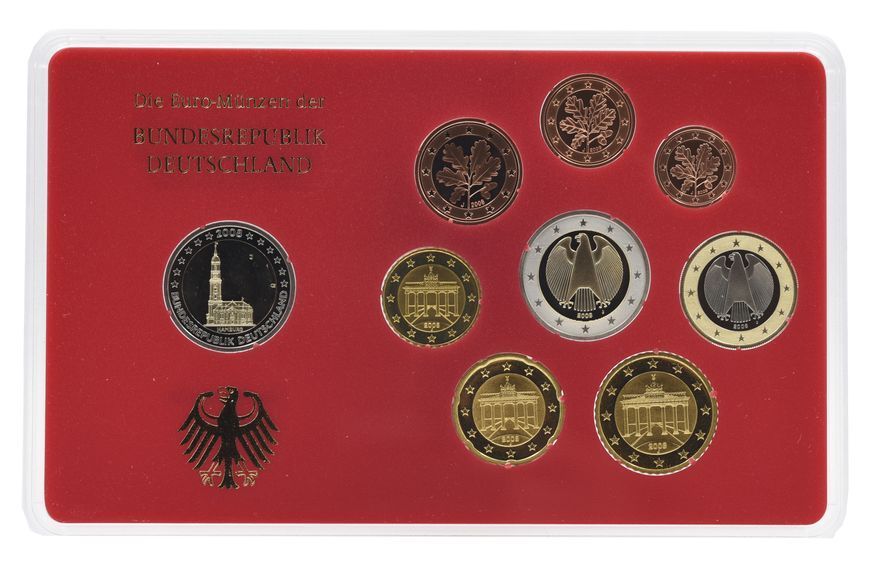 Набір монет Німеччина набір з 9 монет євро 2008 UNC J 1, 2, 5, 10, 20, 50 євроцентів, 1, 2 євро, пам'ятна 2 євро Блістер М22716 фото