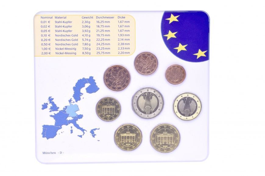 Набор монет Германия набор из 8 монет евро 2005 UNC D 1, 2, 5, 10, 20, 50 евроцентов, 1, 2 евро в сувенирной упаковке М14881 фото