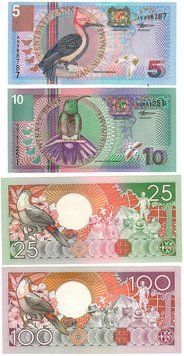 Суринам набір з 4 банкнот 1986-2000 UNC 5, 10, 25, 100 гульденів Б04014 фото