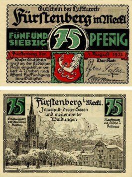 Banknote Germany Notgeld 75 pfennig 1921 F-VF Furstenberg