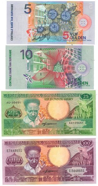 Суринам набір з 4 банкнот 1986-2000 UNC 5, 10, 25, 100 гульденів Б04014 фото