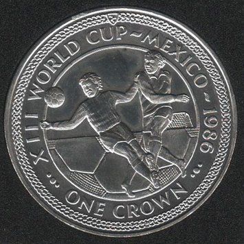Coin Isle of Man 1 crown 1986 UNC FIFA World Cup Mexico. Variety 5 (KM#162)