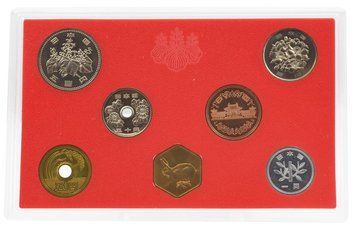 Набір монет Японія набір із 7 монет 1987 UNC Рік Кролика (зайця, кота) 1, 5, 10, 50, 100, 500 єн, пам&rsquo;ятна медаль М21324 фото