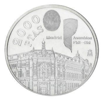 Монета Іспанія 2000 песет 1994 Срібло UNC Асамблея Світового банку та МВФ у Мадриді (Ag 925, 18 грам) М19783 фото