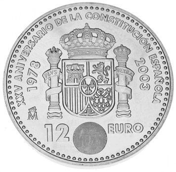 Іспанія 12 євро 2003 &laquo;25 років Іспанської Конституції&raquo; Срібло UNC (KM#1051) М04870 фото