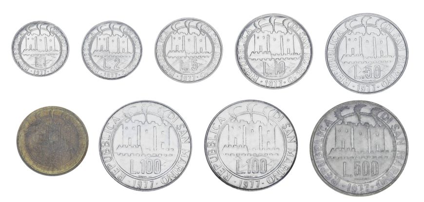 San Marino set of 9 1977 UNC coins with silver coin