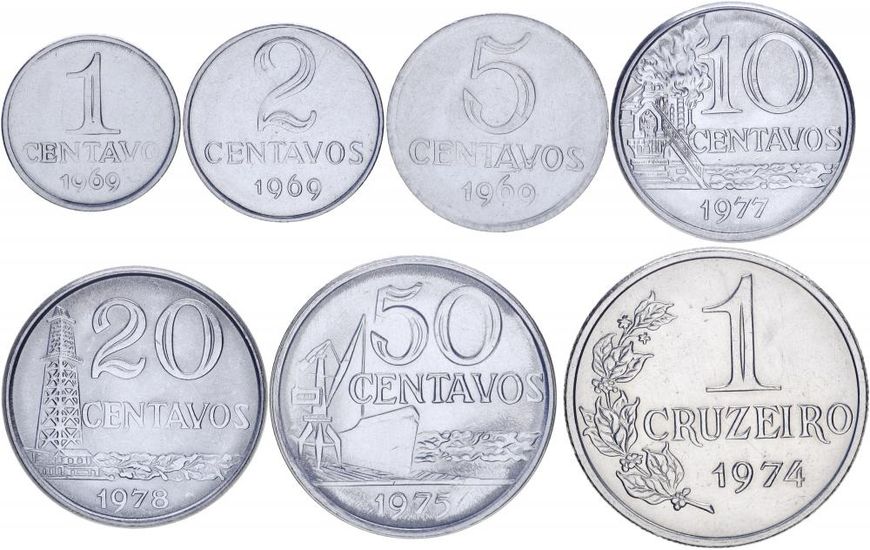 Бразилия набор из 7 монет 1969-1978 UNC 1, 2, 5, 10, 20, 50 сентаво, 1 крузейро М10205 фото