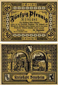 Banknote Germany Notgeld 50 pfennig 1920 F-VF Bensheim