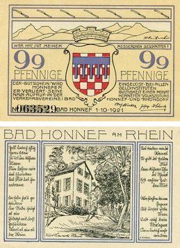 Banknote Germany Notgeld 99 pfennig 1921 F-VF Bad Honnef Variety 2