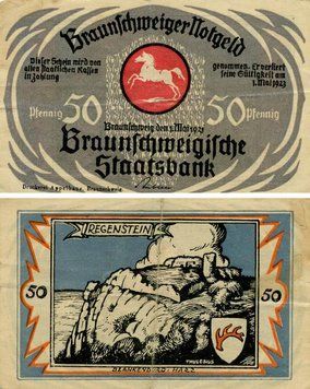 Banknote Germany Notgeld 50 pfennig 1923 F-VF Braunschweig Variety 2