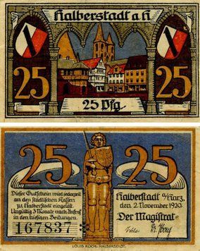 Banknote Germany Notgeld 25 pfennig 1920 F-VF Halberstadt Variety 2