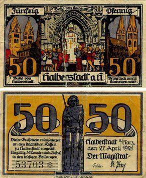 Banknote Germany Notgeld 50 pfennig 1921 F-VF Halberstadt