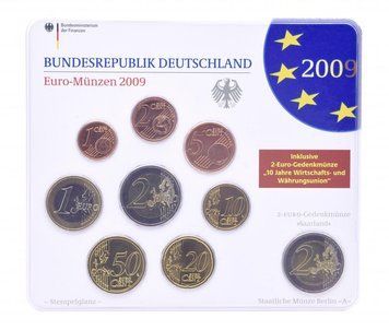 Набір монет Німеччина набір з 9 монет до Євро 2009 UNC A 1, 2, 5, 10, 20, 50 євроцентів, 1, 2 євро, пам'ятна 2 євро Блістер М14883 фото