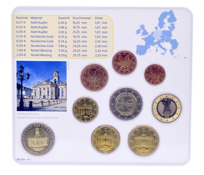 Набор монет Германия набор из 9 монет евро 2009 UNC A 1, 2, 5, 10, 20, 50 евроцентов, 1, 2 евро, памятная 2 евро Блистер М14883 фото