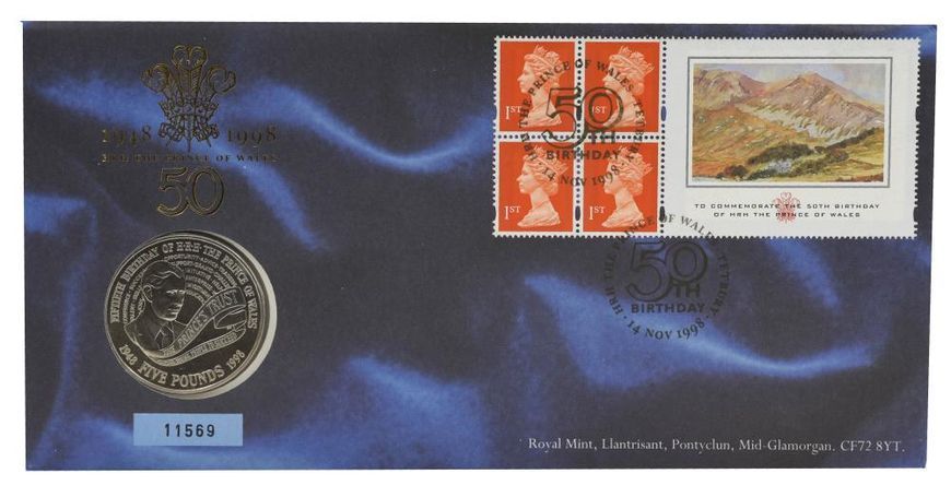 Монета Великобританія 5 фунтів 1998 UNC 50 років принцу Чарльзу М05889 фото