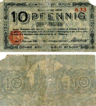 Banknote Germany Notgeld 10 pfennig 1920 F-VF Cologne (A) Variety 1