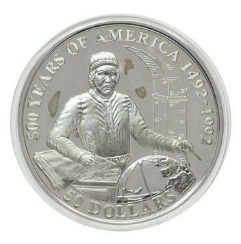 Монета Острови Кука 50 доларів 1993 Срібло Proof 500 років Відкриттю Америки &ndash; Хуан де ла Коса М22631 фото