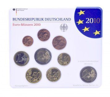 Набір монет Німеччина набір з 9 монет євро 2010 UNC A 1, 2, 5, 10, 20, 50 євроцентів, 1, 2 євро, пам'ятна 2 євро Блістер М14884 фото