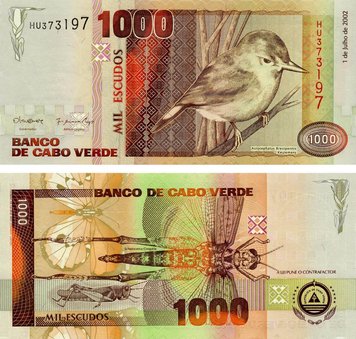 Cape Verde 1000 escudos 2002 UNC Desert Locust Bird Short-feathered warbler (P65)