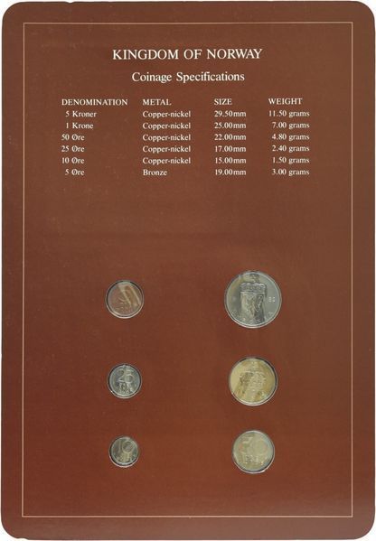 Coins set Norway set of 6 coins 1982 UNC 1, 5, 10, 25 ore, 1, 5 kronor and 1 mark Booklet