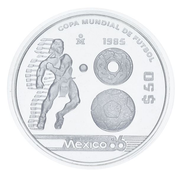 Coin Mexico 50 Pesos 1985 Silver Proof FIFA World Cup in Mexico 1986 &mdash; Native with Ball