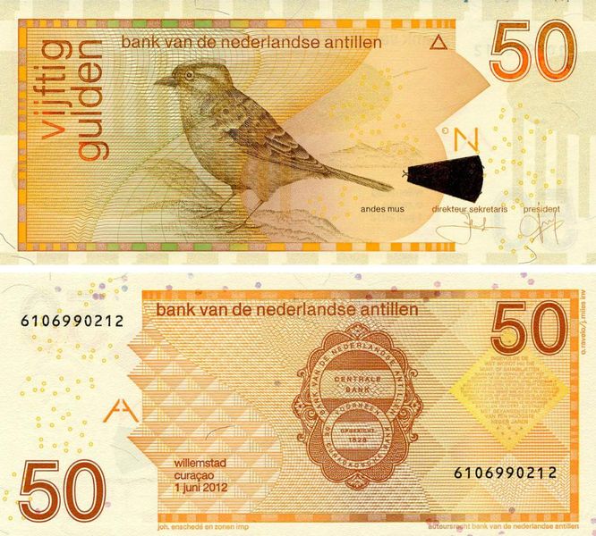 Нідерландські Антили 50 гульденів 2012 UNC Птах - Горобець (P30f) Б20355 фото