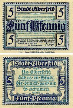 Banknote Germany Notgeld 5 pfennig 1920 F-VF Elberfeld Variety 1